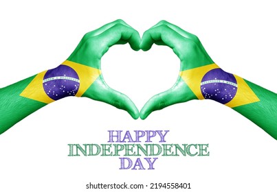 Happy Independence Day Brazil,Brazil Flag Pattern Heart Shape 3d Hand Isolated On White Background, Patriotism Concept 