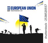 Happy Independence Day! European Union with the European Union flag and the European Union Army and soldier salute of their flag illustration design.