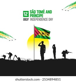 Happy Independence Day! São Tomé and Príncipe with the São Tomé and Príncipe flag and the São Tomé and Príncipe Army and soldier salute of their flag illustration design. - Powered by Shutterstock