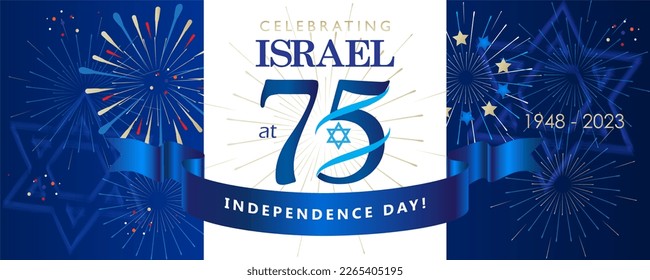 Happy Independence Day Icon celebrate Israel Anniversary at 75 Birthday Event Festival Firework greeting card banner template sign flag blue star David Jewish Holiday wallpaper 75 logo 2023 Tel-Aviv - Powered by Shutterstock