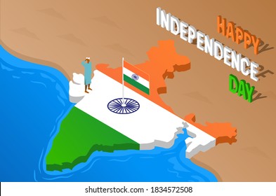 Happy Independence Day India isometric map art. Man standing. Orange, white, green India map in national flag tri-colors. Abstract background for India Independence Day.