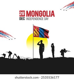 Happy Independence Day! Mongolia with the Mongolia flag and the Mongolia Army and soldier salute of their flag illustration design. - Powered by Shutterstock