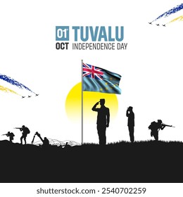 Happy Independence Day! Tuvalu with the Tuvalu flag and the Tuvalu Army and soldier salute of their flag illustration design. - Powered by Shutterstock