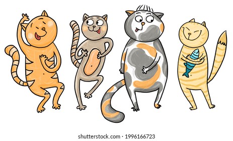 Happy International Cat Day. Celebration. Multicolour Hand Drawn Cartoon Illustration Of A Group Of Funny Dancing Cats. Isolated On A White Background. 