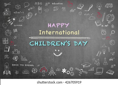 Happy international children's day with doodle on black chalkboard  - Powered by Shutterstock