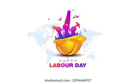 Happy International Labor Day 3D illustration. Happy Labour Day Typography with a group of workers and Safety Helmet creative concept.  - Powered by Shutterstock