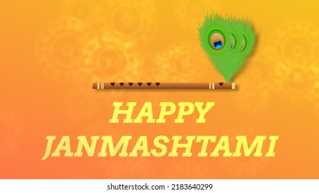 Happy Janmashtami Orange Background With God Krishna Flute Sigh And Peacock Feather And  Traditional Design Circles In Blur View.