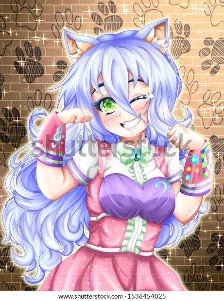 happy kawaii anime neko girl pink stock illustration 1536454025