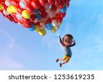 Happy kid boy having fun flying up with air ballons. Funny child cartoon character of little boy with vintage aviator glasses and helmet. Freedom and happy childhood concept. Clipping path. 3D render
