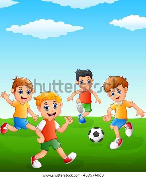 Happy Kid Playing Soccer On Field Stock Illustration 459574063