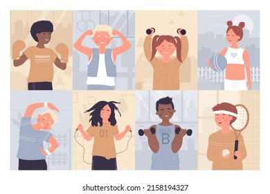 Happy kids do sport exercises illustration set. Cartoon children training with dumbbells, boxing gloves and jump rope, boy child character holding tennis racket, girl exercising with ball - Powered by Shutterstock