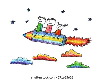 Happy kids fly on pencil shaped rocket. Colorful picture. Kids drawing