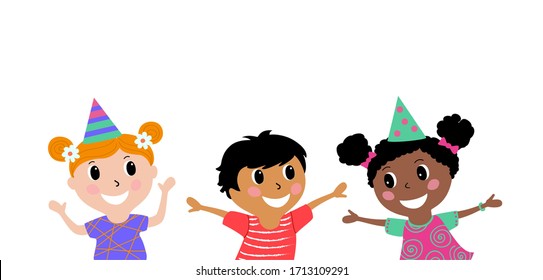 Happy kids having fun .Children's party. Template for advertising brochure. Funny cartoon character isolated on a white background. - Powered by Shutterstock