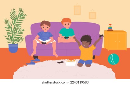 Happy kids play console videogame at home illustration. Cartoon group of excited boys characters playing with gamepads, children sitting on sofa couch, entertainment and leisure background - Powered by Shutterstock