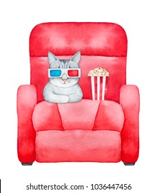 Happy kitty character in eye glasses  sitting in modern leather arm chair and classic pop corn box  Having fun  enjoying performance  Handdrawn colorful watercolour drawing  white background  cutout 