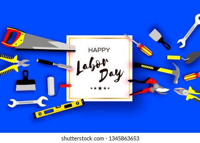 Happy Labor Day Greetings Card For National, International Holiday. Workers Tools In Paper Cut Styl On Sky Blue. Square Frame. Space For Text. 