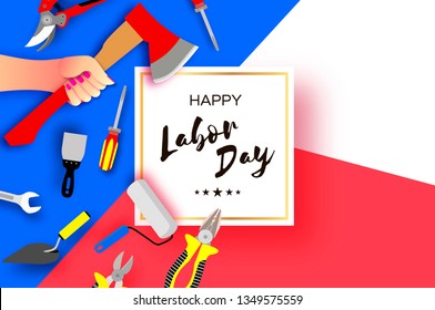 Happy Labor Day Greetings Card For National, International Holiday. Hands Workers Holding Tools In Paper Cut Styl On Sky Blue. Square Frame. Space For Text. 