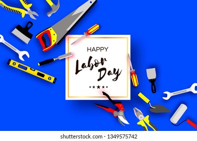 Happy Labor Day Greetings Card For National, International Holiday. Workers Tools In Paper Cut Styl On Sky Blue. Square Frame. Space For Text. 