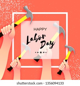 Happy Labor Day Greetings Card For National, International Holiday. Hands Workers Holding Tools In Paper Cut Styl On Red. Square Frame. Space For Text. 