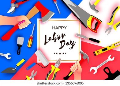 Happy Labor Day Greetings Card For National, International Holiday. Hands Workers Holding Tools In Paper Cut Styl On Sky Blue. Square Frame. Space For Text.