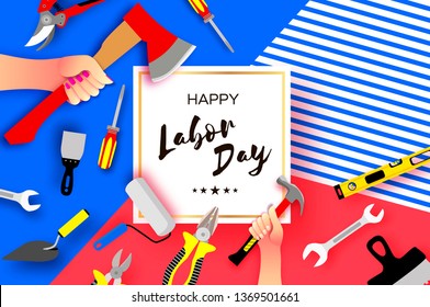 Happy Labor Day Greetings Card For National, International Holiday. Hands Workers Holding Tools In Paper Cut Styl On Sky Blue. Square Frame. Space For Text. 