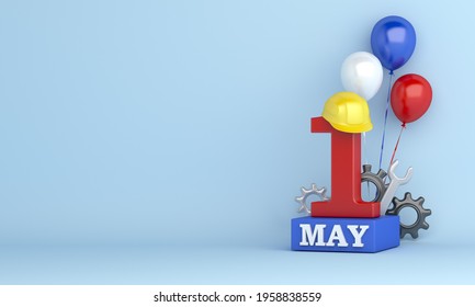 Happy Labor Day or may day decoration background with 1st May and hard hat construction helmet balloon, copy space, 3D rendering illustration
