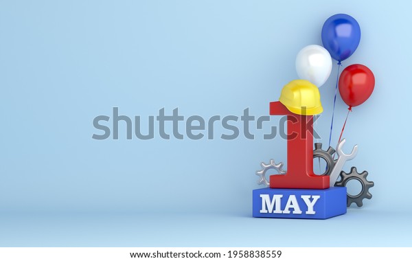 Happy Labor Day or may day decoration\
background with 1st May and hard hat construction helmet balloon,\
copy space, 3D rendering\
illustration