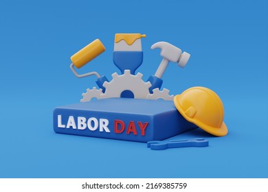 Happy Labor Day Usa Concept, Podium Display With Construction Tools And Balloon On Blue Background, 3d Rendering