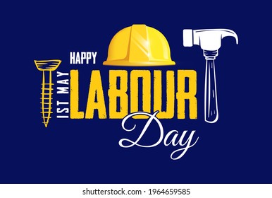 Happy Labour Day Beautiful Poster Design With Hammer Helmet And Navy Backgorund