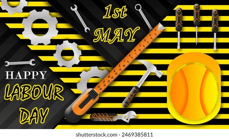 Happy labour day wishes with labour tools, measurement tape and safety halmet on black and yellow stripes background - Powered by Shutterstock