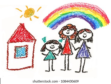 Happy Lesbian Gay Family With Girl. House, Sun, Summer. Two Woman Adopted Girl