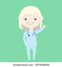 Happy Little Albino Girl In Doctor Clothes Waving Hello. A Cute And Friendly Character For Medical Illustrations To Those Kids So That They Are Not Afraid To Go To The Doctor. Learning Professions.