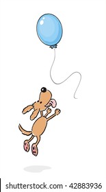 Happy little dog jumping to catch a balloon in free styled cartoon. Large format full resolution.