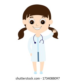 Happy Little Girl Child In Doctor Clothes Waving Hello. A Cute And Friendly Character For Medical Illustrations To Those Kids So That They Are Not Afraid To Go To The Doctor. Professions.