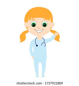 Happy Little Girl Child In Doctor Clothes Waving Hello. A Cute And Friendly Character For Medical Illustrations To Those Kids So That They Are Not Afraid To Go To The Doctor. Learning Professions.