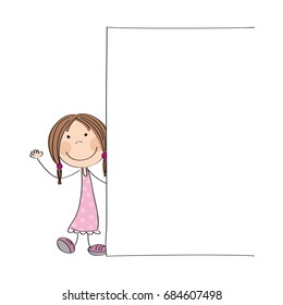 Happy little girl standing behind blank banner / board - space for your text on white background - original hand drawn illustration