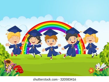 Happy little kids Graduation Celebration on rainbow background 
