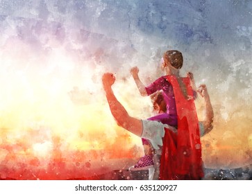 Happy loving family. Daddy and his daughter playing outdoors. Dad and child in an Superhero's costumes. Concept of Father's day. Illustration. - Powered by Shutterstock