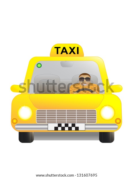 Happy man in a yellow taxi\
car.