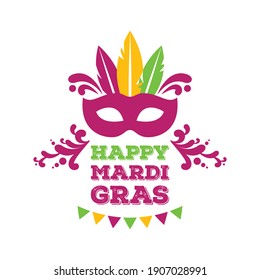 Happy Mardi Gras festival design icon isolated. Mardi Gras carnival poster with decorative carnival mask with feathers illustration. Happy Mardi Gras lettering with decorative elements