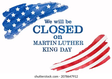 Happy Martin Luther King Day. Congratulatory Inscription On The Background Of The American Flag. No People. Closeup, Top View. Congratulations For Family, Relatives, Friends And Colleagues