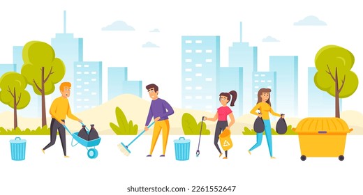 Happy men and women cleaning up city street. Group of young ecologists, volunteers or eco activists picking up and disposing garbage in park. Community service work. Flat cartoon illustration. - Powered by Shutterstock