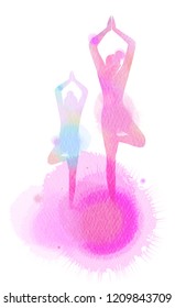 Happy Mom And Child Exercise Silhouette On Watercolor Background. Mother And Kid Doing Yoga. Mother's Day. Health Care Concept. Digital Art Painting.