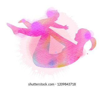 Happy mom and child exercise silhouette on watercolor background. Mother and kid doing yoga. Mother's day. Health care concept. Digital art painting. - Powered by Shutterstock