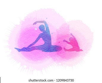 Happy mom and child exercise silhouette on watercolor background. Mother and kid doing yoga. Mother's day. Health care concept. Digital art painting. - Powered by Shutterstock