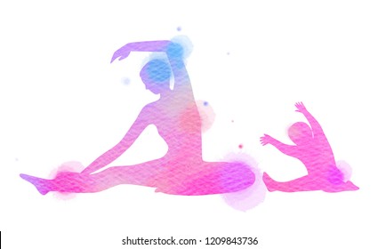 Happy mom and child exercise silhouette on watercolor background. Mother and kid doing yoga. Mother's day. Health care concept. Digital art painting. - Powered by Shutterstock