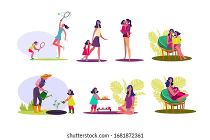 Happy motherhood set. Mother and daughter spending time together, enjoying activities. Flat illustrations. Family concept for banner, website design or landing web page - Powered by Shutterstock