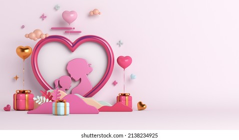 Happy Mothers day background with frame, gift box, heart shape balloon, leaves copy space text, 3D rendering illustration - Powered by Shutterstock