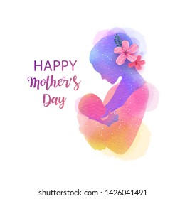 Happy mother's day. A beautiful newborn baby breastfeeding. Side view of Happy mom with baby silhouette plus abstract watercolor painted. Double exposure illustration. Digital art painting. - Powered by Shutterstock