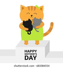 Happy Mothers Day. Cat Hugging Baby Kitten. Kittens On Hands. Winner Stand First Place Podium Pedistal. Kitty Hug. Animal Family. Cute Cartoon Pet Character Set. Flat Design White Background. 